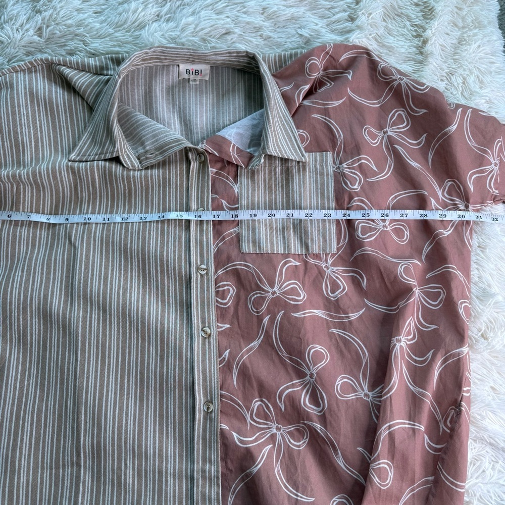 BiBi Cotton Blend Bows Stripes Oversized Button Down Size Medium - Picture 7 of 8